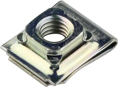 Käfigmutter aus Metall mit quadratischem Gehäuse und innerem Gewinde, geeignet für die Verbindung von Bauteilen. Herkunft von Bosch.